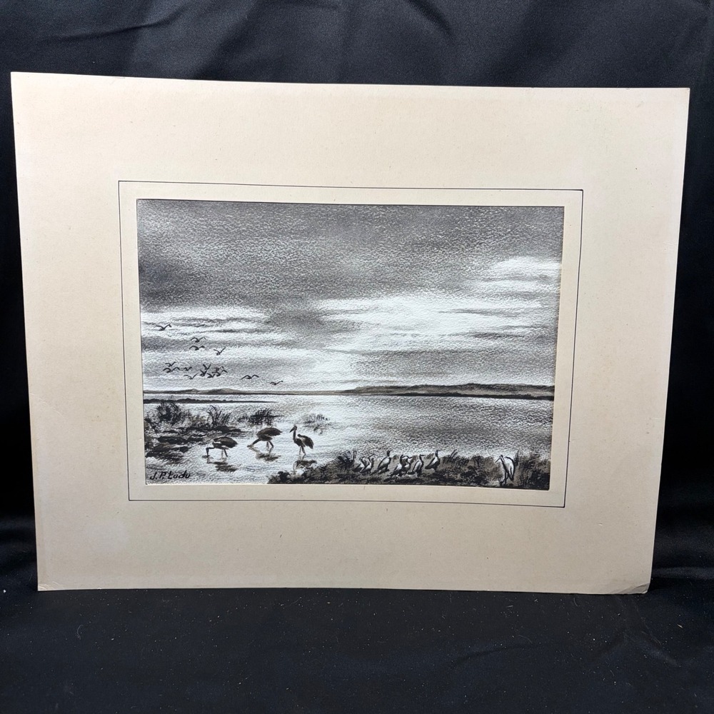 JP Ludu Signed Original Charcoal Drawing Marsh Birds Herons Landscape Mat Art